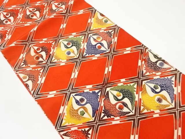 JAPANESE KIMONO / HIRAKI NAGOYA OBI / SILK / SHIOZE / KATAZOME / WOVEN RHOMBUS & CRANES